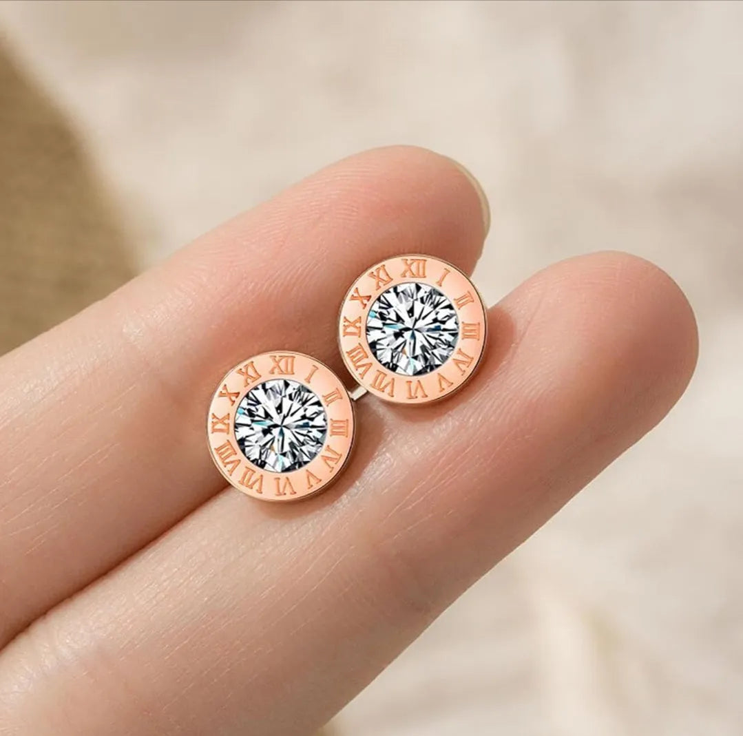 Rose Gold Plated Stainless Steel Stylish Teens Roman Number Circle Stud Earrings Cubic Zirconia Stainless Steel Stud Earring - Pair Of 1 Destiny Jewels