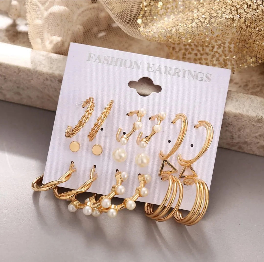 Stylish 9Pair Gold Décor Attractive Fashionable Hoop &amp; Stud Earrings Set Pearl Alloy, Steel Hoop Earring - Pair Of 9 Destiny Jewels