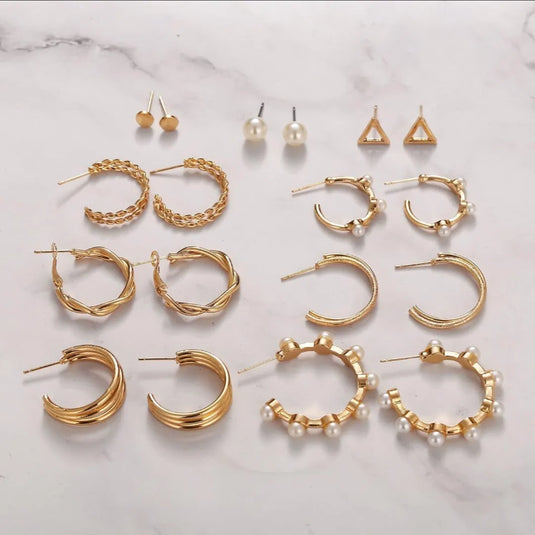 Stylish 9Pair Gold Décor Attractive Fashionable Hoop &amp; Stud Earrings Set Pearl Alloy, Steel Hoop Earring - Pair Of 9 Destiny Jewels