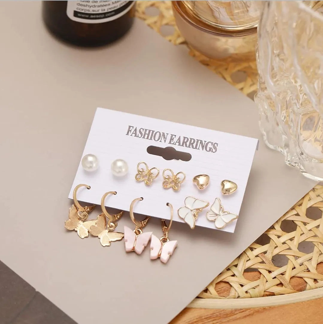 Gold Plated 6 Pair Colourful Butterfly Earrings Set For Women Acrylic Earring Set - Pair Of 6 Destiny Jewels