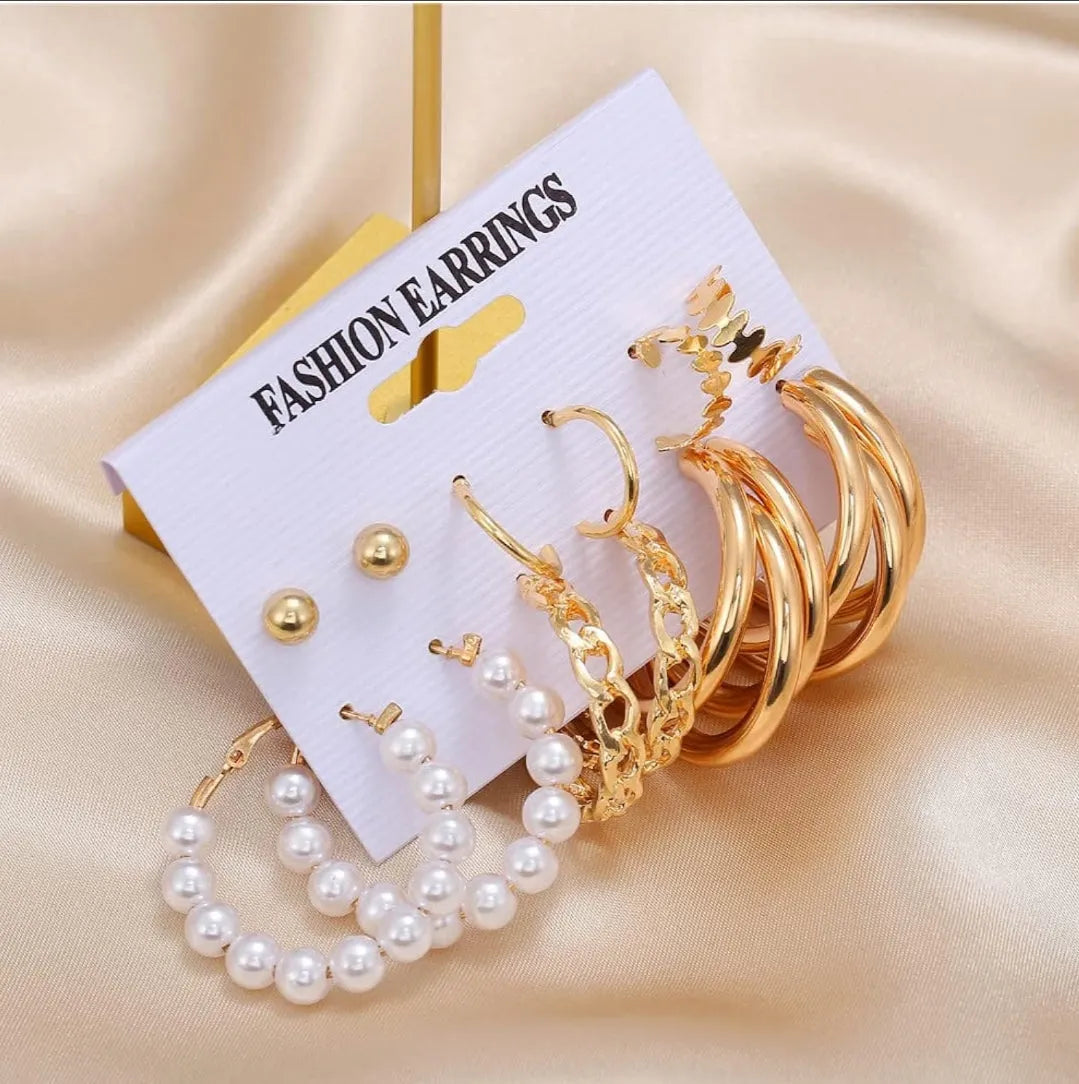 Combo Of 6 Golden Plain Chain And Pearl Big Hoop Earrings Alloy Hoop Earring Brass Hoop Earring - Pair Of 6 Destiny Jewels