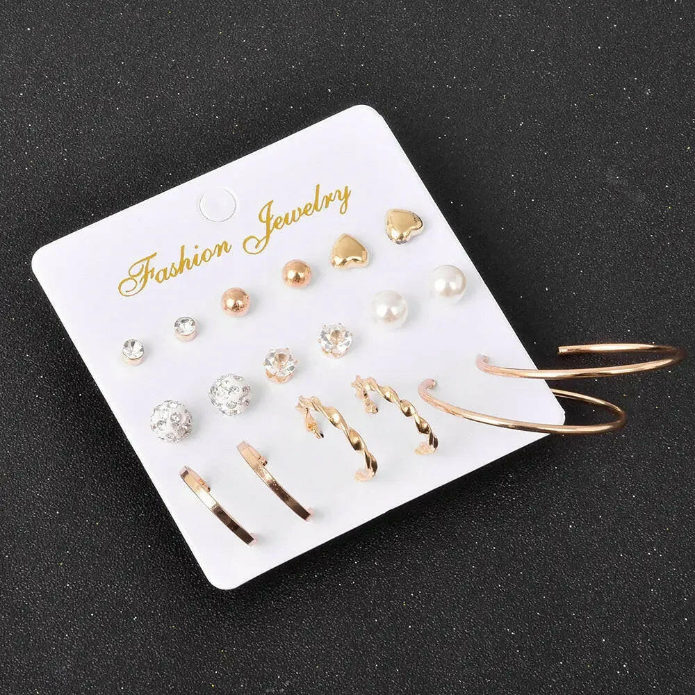 Trendy Fashion Pearl Stud Earrings Circle Hoop Earrings Combo Of 9 Pair Set Beads Alloy Hoop Earring - Pair Of 9 Destiny Jewels