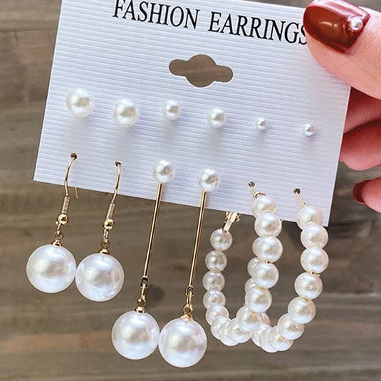 Western Trendy Party Wear Pearl Décor Hoop Drop Earrings Set For Women &amp; Girls Pearl Alloy Hoop Earring - Pair Of 6 Destiny Jewels