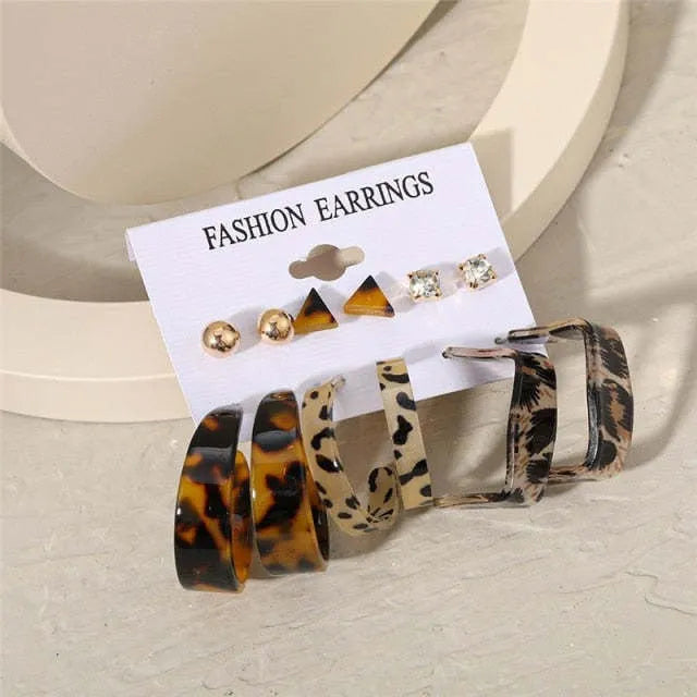 New Trendy Fashion Animal Print Geometric Circle Hoop Acrylic Earrings Set Alloy, Acrylic Hoop Earring - Pair Of 6 Destiny Jewels