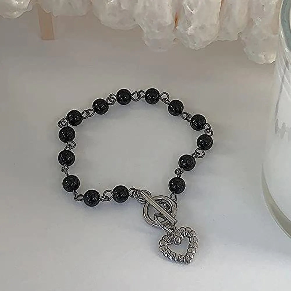 Stylish Korean Black Bead With Heart Bracelet - Set Of 1 Destiny Jewels