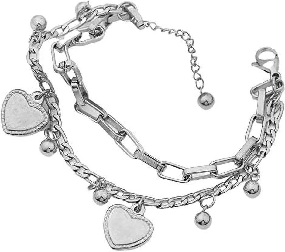 Heart Pandant Dainty Paper Clip Chain Link Sterling Silver Coated Bracelet - Set Of 1 Destiny Jewels