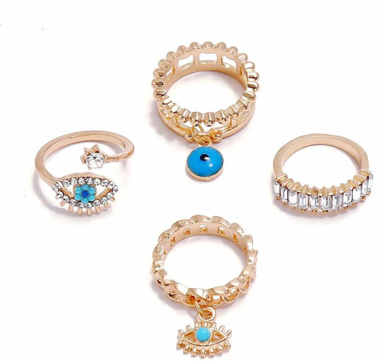 Bohomia Evil Eye Crystal Geometric Eyes Shaprd Rings - Set Of 4 Destiny Jewels