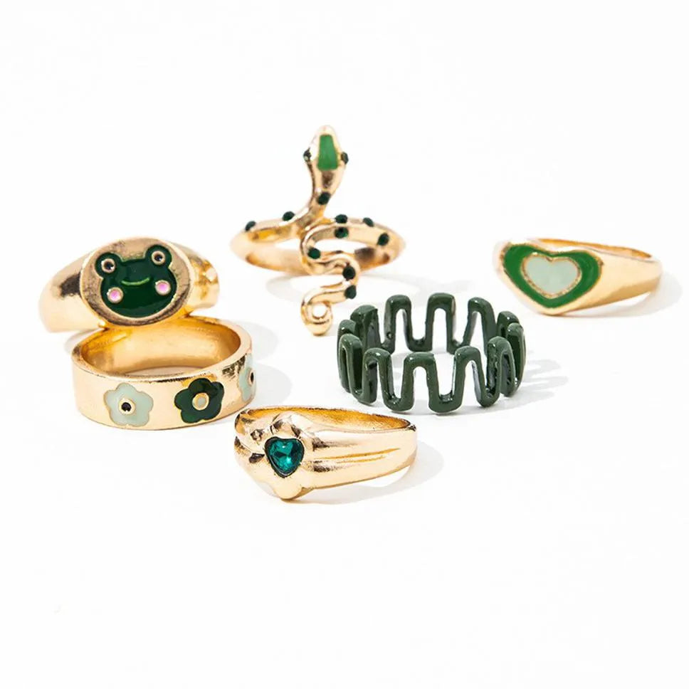 Modern Green Gold Plated Ring Set - Set Of 6 Destiny Jewels