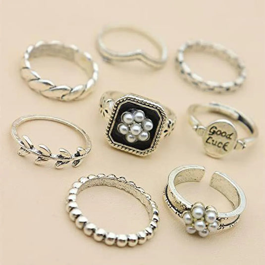 Simple Golden 3 Rings For Women Brass Silver Plated Ring Set - Set Of 8 Destiny Jewels