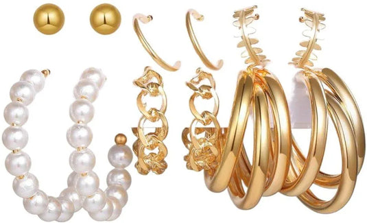 Combo Of 6 Golden Plain Chain And Pearl Big Hoop Earrings Alloy Hoop Earring Brass Hoop Earring - Pair Of 6 Destiny Jewels