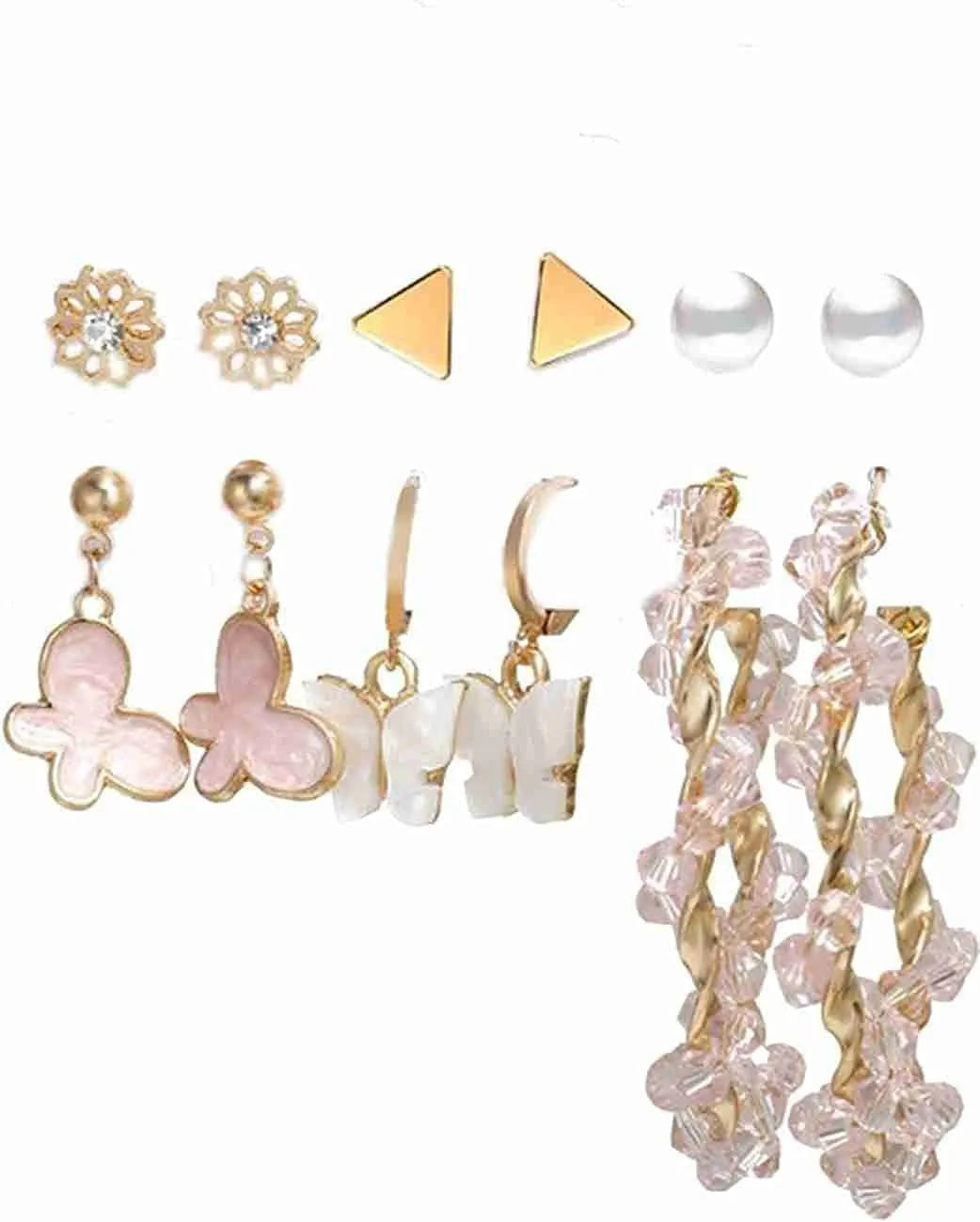 Pearl Earring Stud Set Combo-Round Triangle Earring Combo Of 9 (Style4)(Style-2) Brass Stud Earring Destiny Jewels