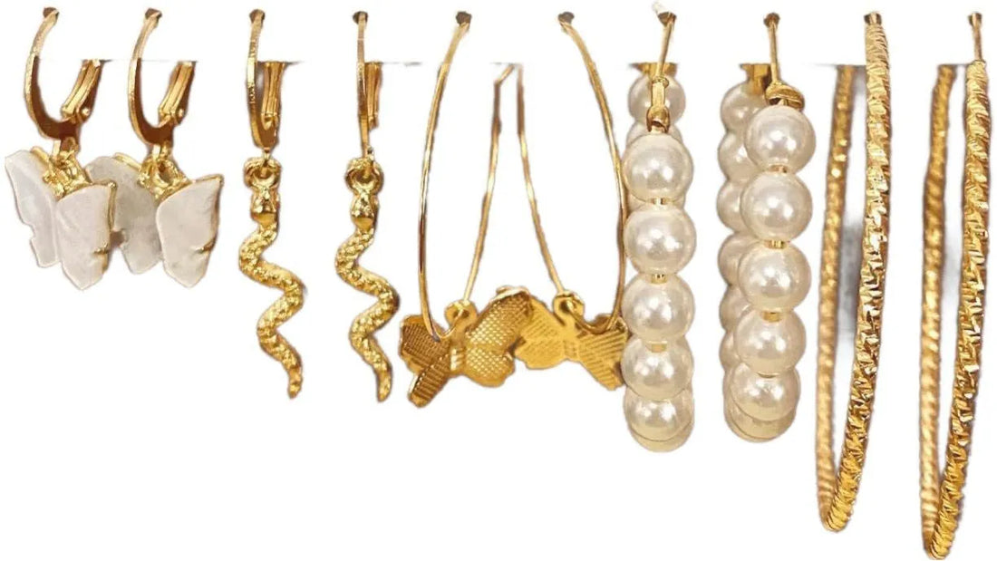 Brass Acrylic Butterfly Snake Pearl Round Earring Set Combo Of 5 Brass Hoop Earring Destiny Jewels