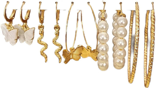 Brass Acrylic Butterfly Snake Pearl Round Earring Set Combo Of 5 Brass Hoop Earring Destiny Jewels