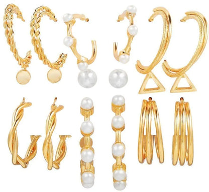 Stylish 9Pair Gold Décor Attractive Fashionable Hoop &amp; Stud Earrings Set Pearl Alloy, Steel Hoop Earring - Pair Of 9 Destiny Jewels