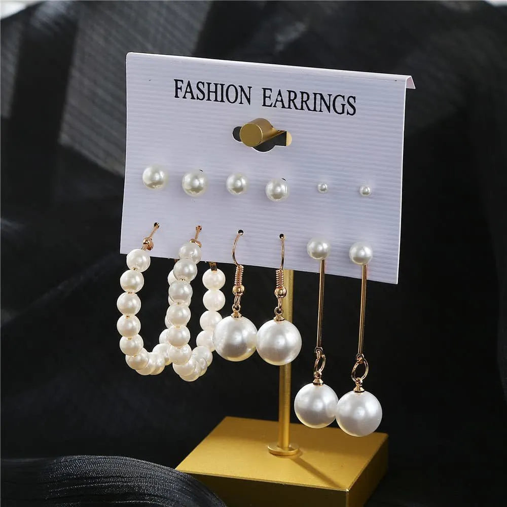 Western Trendy Fashion Drop Pearls Décor 6 Pair Earrings Set For Women &amp; Girls Pearl Alloy Drops &amp; Danglers - Pair Of 6 Destiny Jewels