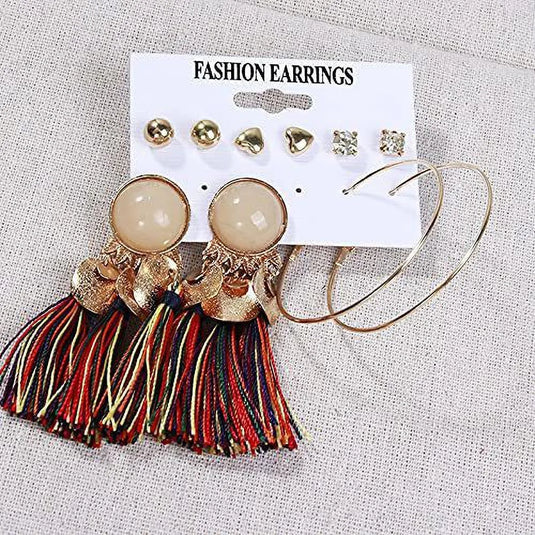 New Trendy Tassels Ethnic Bohemia Dangle Drop Summer Earrings Set Alloy Drops &amp; Danglers, Stud Earring - Pair Of 5 Destiny Jewels