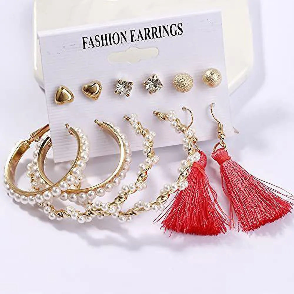 New Latest Stylish Combo Design Tassel Pearl Décor Hoop And Tassel Earrings Set Pearl Alloy Drops &amp; Danglers, Hoop Earring - Pair Of 6 Destiny Jewels