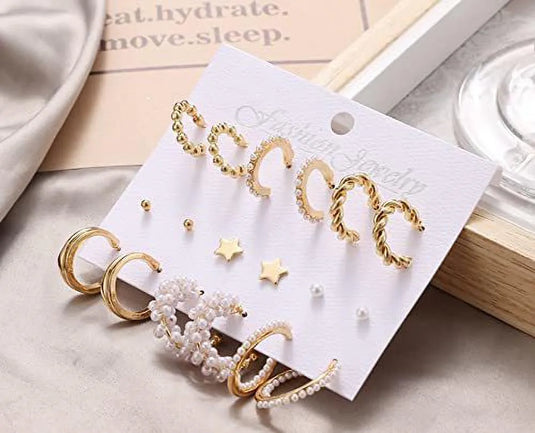 New Creative Fashion Delicate Vintage Pearl Décor Hoop And Stud Earrings 9Pair Pearl Alloy Stud Earring, Hoop Earring - Pair Of 9 Destiny Jewels