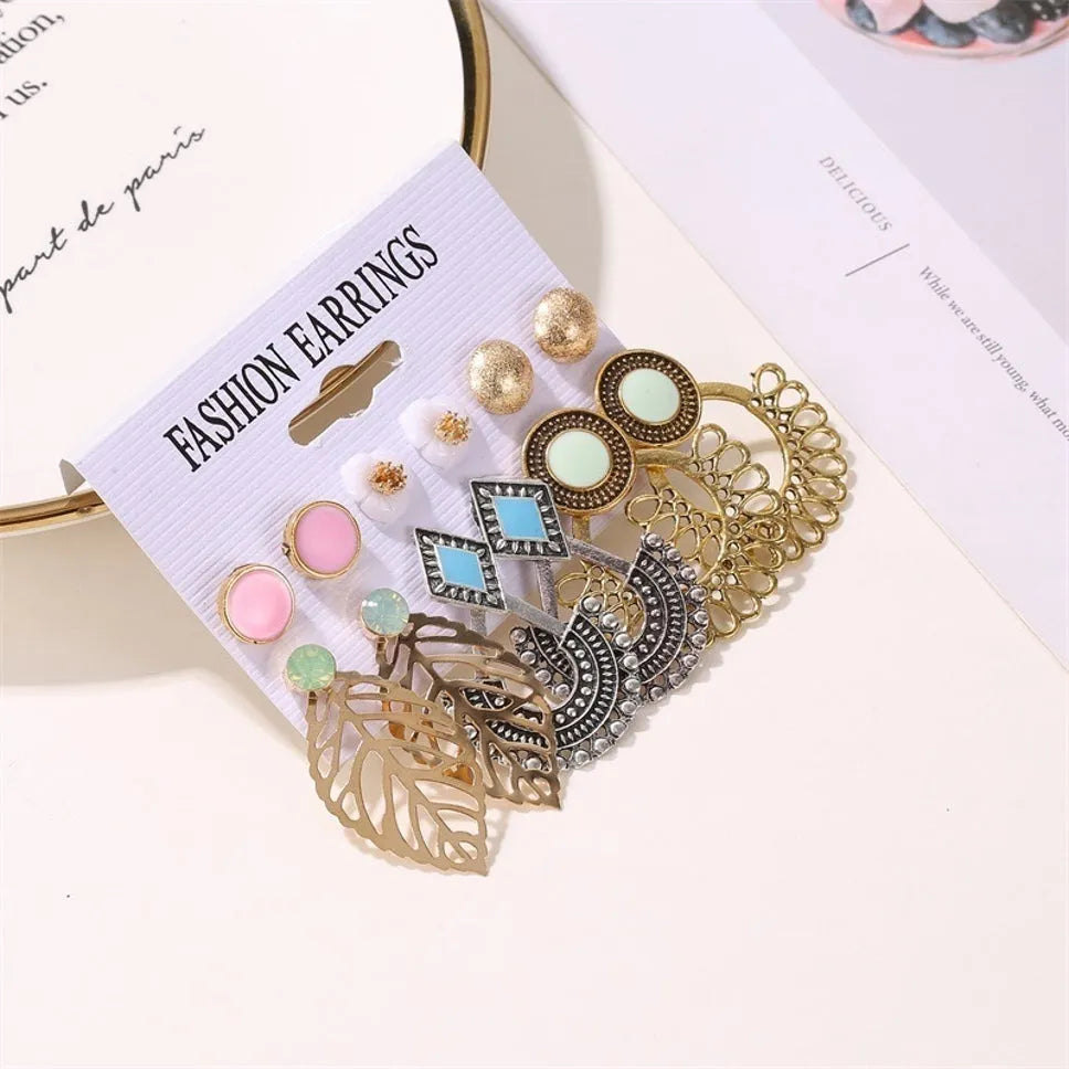 New Trendy Fashionable 6 Pair Flower Leaves Clip Décor Earrings Set Alloy Drops &amp; Danglers - Pair Of 6 Destiny Jewels