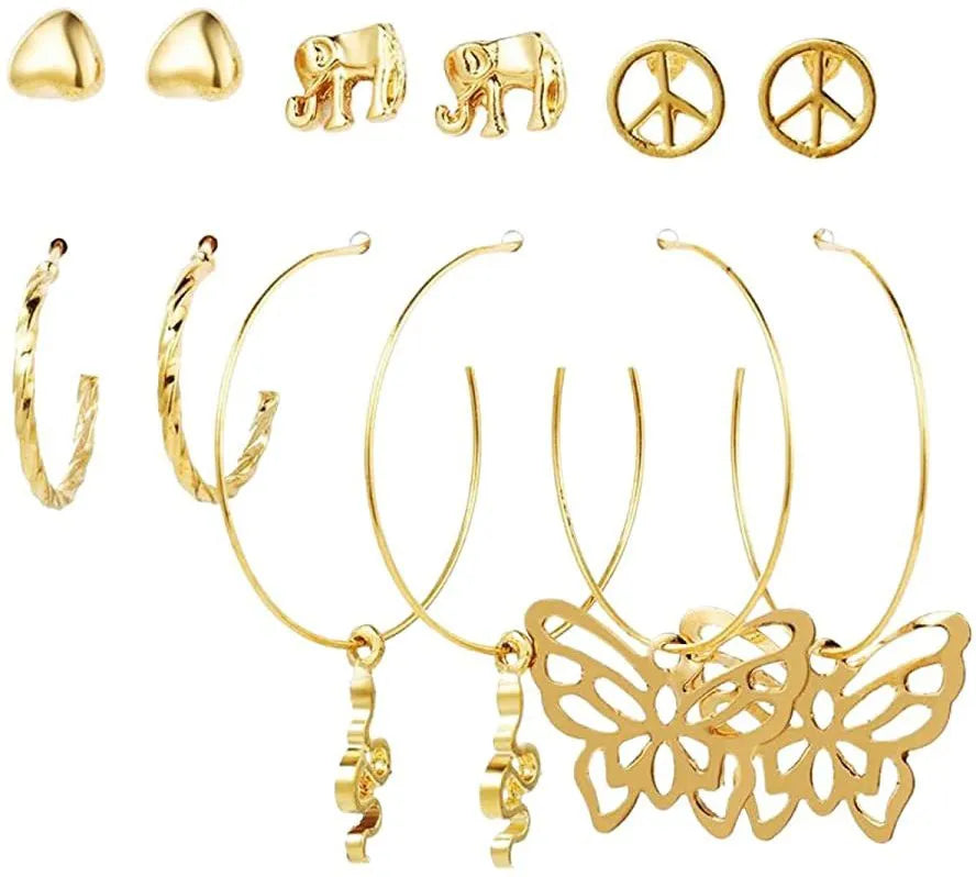 New Trendy Gold Plated Butterfly Snake Décor Hoop Earrings Set For Women &amp; Girls Alloy, Steel Hoop Earring - Pair Of 6 Destiny Jewels