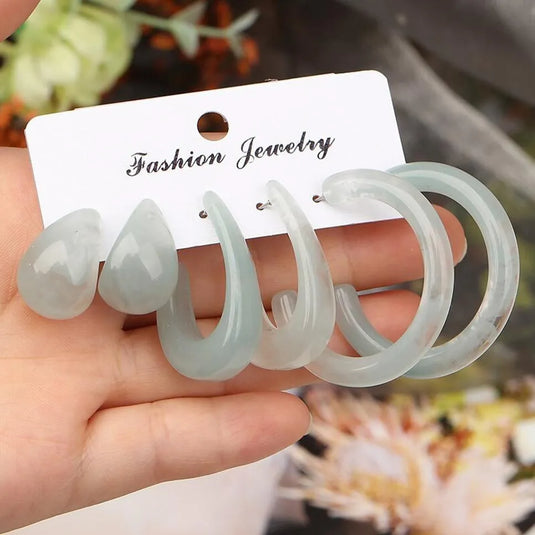 Trendy Korean Design Colorful Acrylic Vintage Geometric C-Shaped Hoop Earrings Acrylic Hoop Earring - Pair Of 3 Destiny Jewels