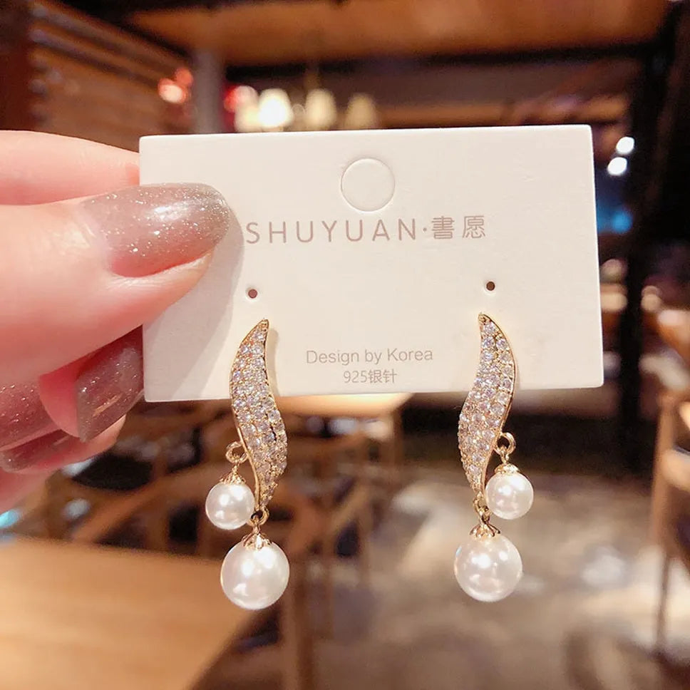 Stone Decor Fashion Design High-End Imitation Drop White Pearl Korean Earrings Pearl Alloy Drops &amp; Danglers - Pair Of 1 Destiny Jewels