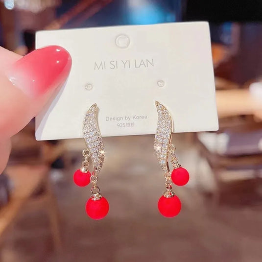 Stone Decor New Fashion Design High-End Imitation Drop Red Pearl Korean Earrings Pearl Alloy Drops &amp; Danglers - Pair Of 1 Destiny Jewels