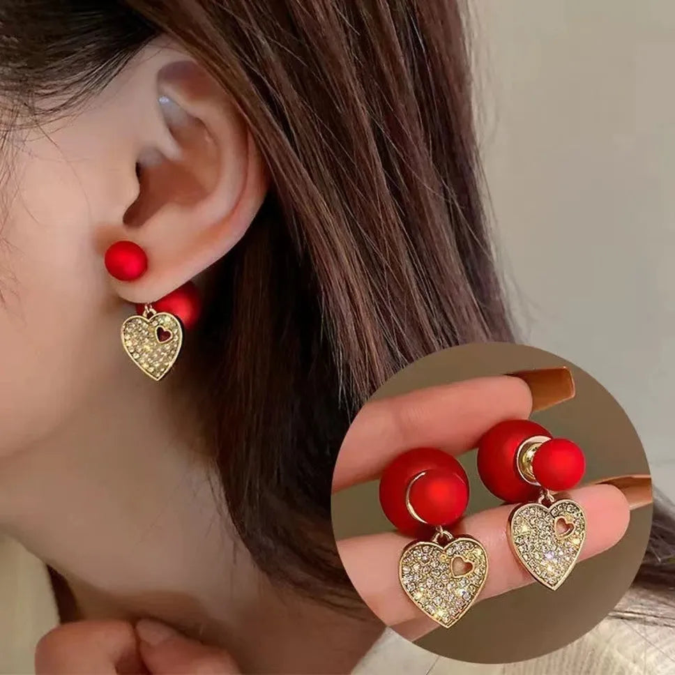 Gold Plated Korean Style Stone Decor Heart And Red Big Pearl Earrings Cubic Zirconia Alloy Drops &amp; Danglers - Pair Of 1 Destiny Jewels