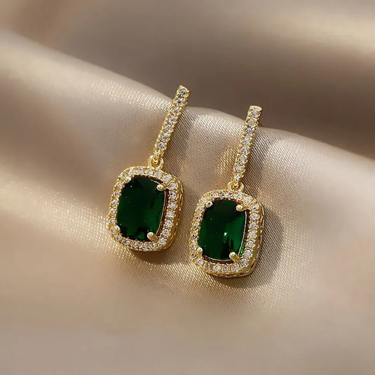 Gold Plated Korean Style Green Stone Decor Drop Earrings For Women &amp; Girls Cubic Zirconia Alloy Drops &amp; Danglers - Pair Of 1 Destiny Jewels