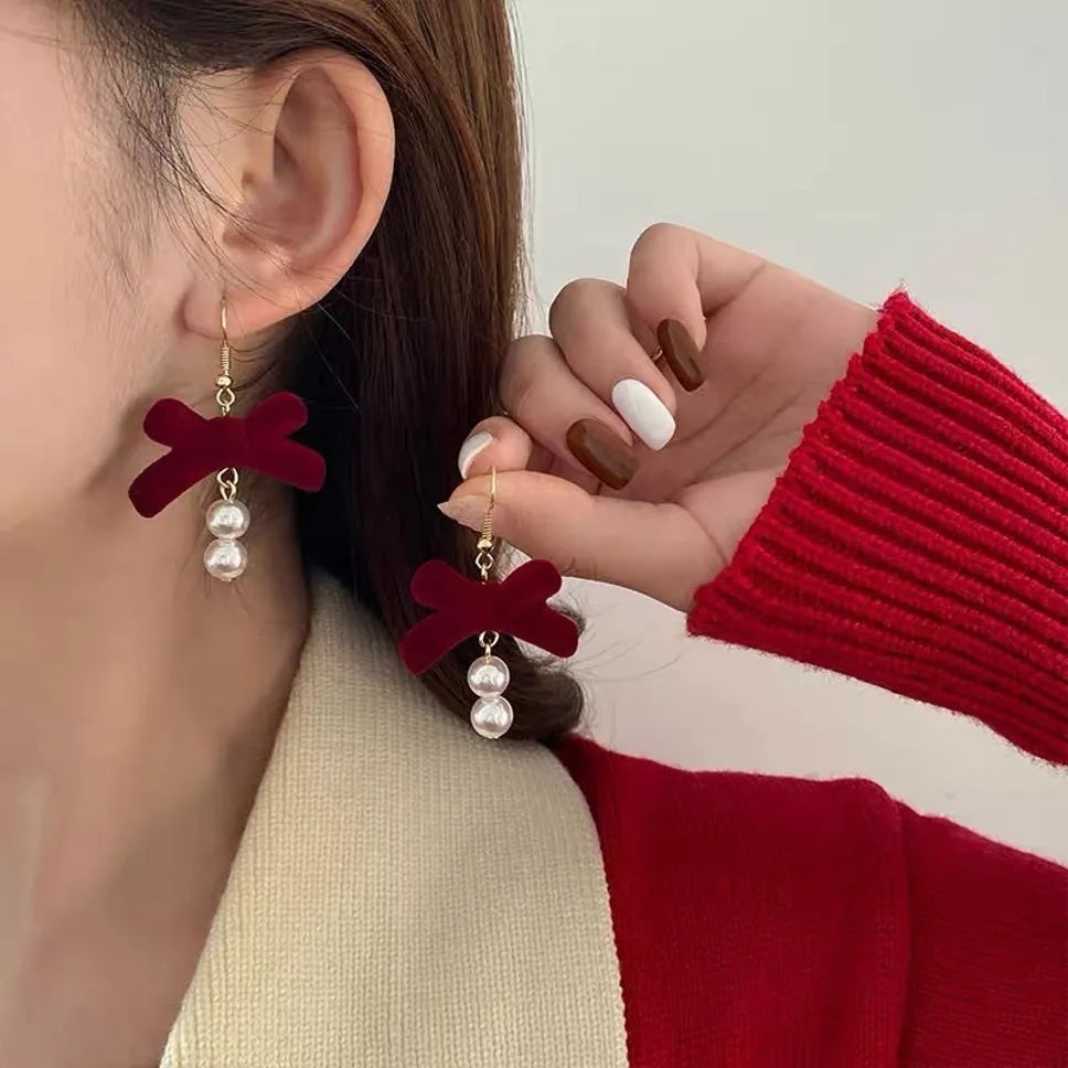 New Korean Rose Flower Bowknot Drop Pearl Decor Earrings For Women &amp; Girls Pearl Alloy Drops &amp; Danglers - Pair Of 1 Destiny Jewels