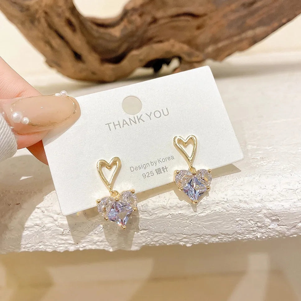 Gold Plated Korean Big Heart Shaped Crystal Decor Drop Earring For Women &amp; Girls Cubic Zirconia Alloy Drops &amp; Danglers - Pair Of 1 Destiny Jewels