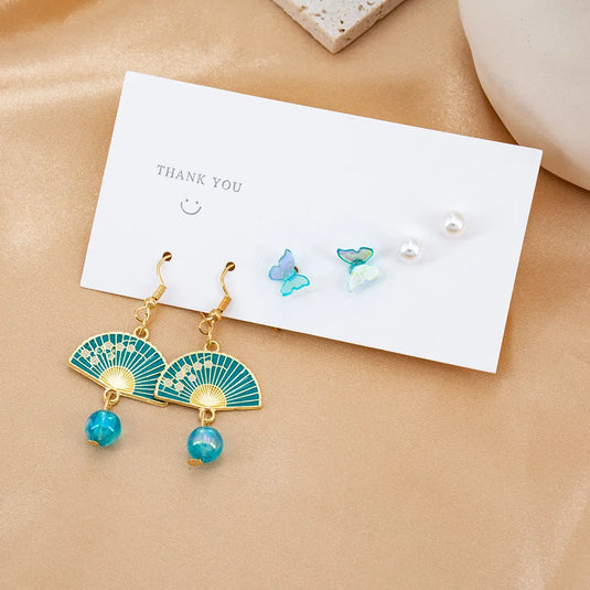 New Limited Collection Fan Charm Drop Earrings Butterfly Stud Earrings Set Pearl Alloy Drops &amp; Danglers - Pair Of 3 Destiny Jewels