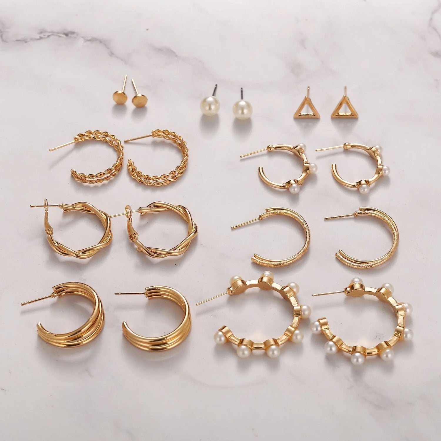 New Trendy Combo Of 9 Pair Pearl Décor Fashionable Hoop &amp; Stud Earrings Set Pearl Alloy Drops &amp; Danglers - Pair Of 9 Destiny Jewels