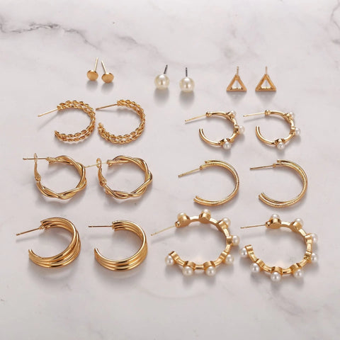 New Trendy Combo Of 9 Pair Pearl Décor Fashionable Hoop & Stud Earrings Set Pearl Alloy Drops & Danglers - Pair Of 9 Destiny Jewels