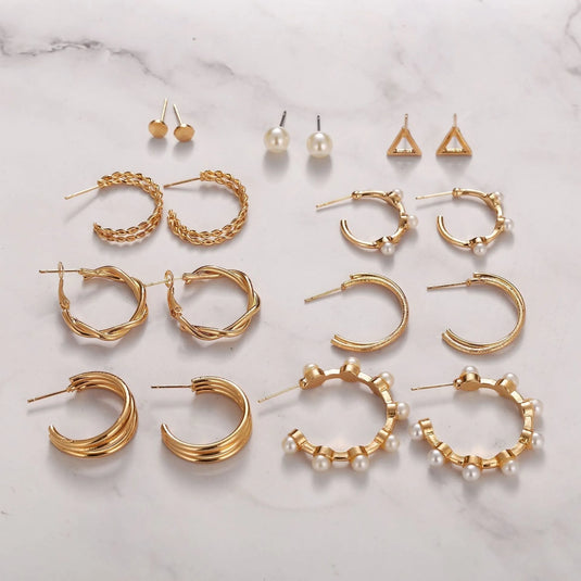 New Trendy Combo Of 9 Pair Pearl Décor Fashionable Hoop &amp; Stud Earrings Set Pearl Alloy Drops &amp; Danglers - Pair Of 9 Destiny Jewels