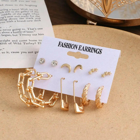 Metal Stud Star And Moon Shaped 6 Pair Hoop Earrings Set Alloy Hoop Earring - Pair Of 6 Destiny Jewels