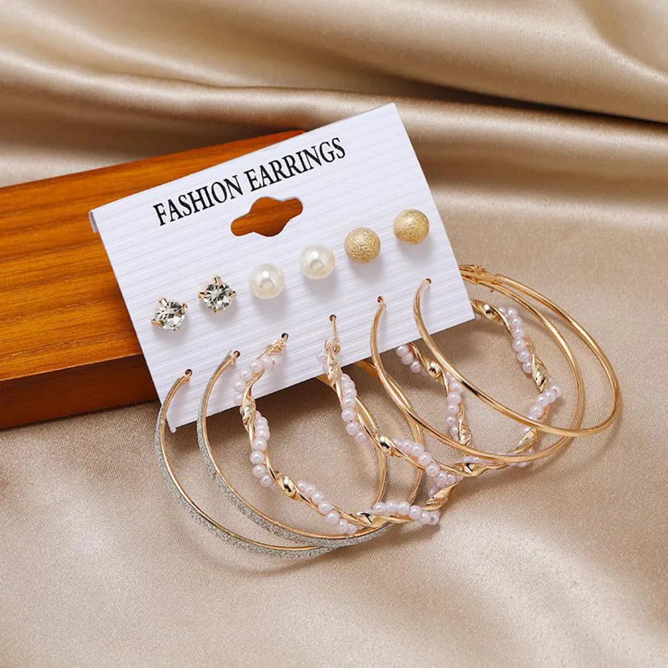 New Trendy 6 Pair Pearl Décor Hoop Tassel Earrings Set For Women&