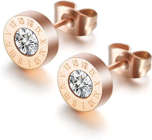 Rose Gold Plated Stainless Steel Stylish Teens Roman Number Circle Stud Earrings Cubic Zirconia Stainless Steel Stud Earring - Pair Of 1 Destiny Jewels