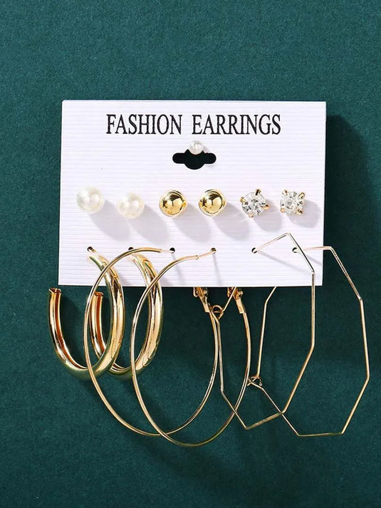 New Trendy Stylish Gold Plated 6 Pair Classic Big Hoop &amp; Stud Earrings Set Alloy Drops &amp; Danglers - Pair Of 6 Destiny Jewels