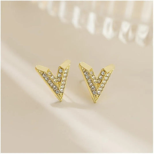 Gold Plated V Shaped Stone Decor Korean Earrings For Womens &amp; Girls Cubic Zirconia Alloy Earring Set - Pair Of 1 Destiny Jewels