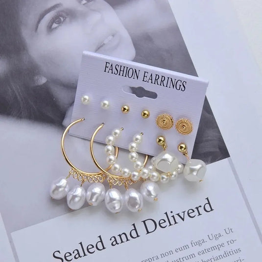 Trendy Exaggerated Glittering Stylish Pearl Décor Hoop Western Style Earrings Pearl Alloy Drops &amp; Danglers - Pair Of 6 Destiny Jewels