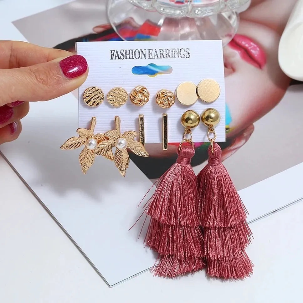 New Trendy Exaggerated Glittering Stylish Metal &amp;Tassel Western Style Earrings Alloy Tassel Earring - Pair Of 6 Destiny Jewels