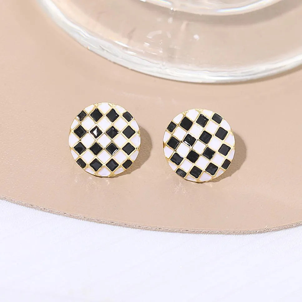 New Trendy Exclusive Korean Style Black &amp; White Checkered Earrings Stud Set Alloy Stud Earring - Pair Of 1 Destiny Jewels