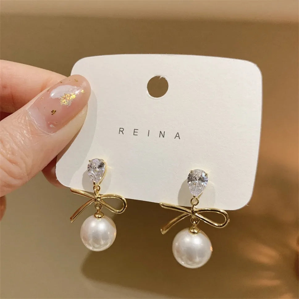 New Trendy Exclusive Korean Style Beads Wedding Bridal Drop Pearl Décor Earrings Cubic Zirconia Alloy Earring Set - Pair Of 1 Destiny Jewels