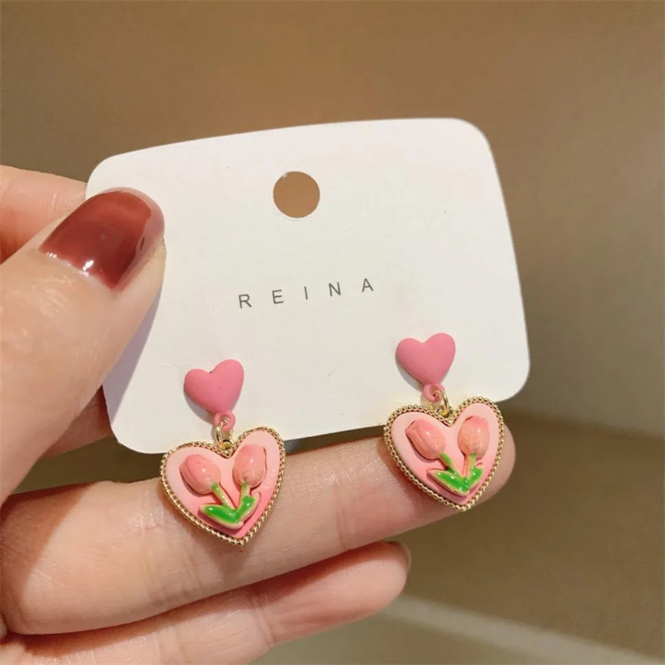 New Trendy Exclusive Korean Style Colorful Heart In Side Flower Design Earrings Alloy Drops &amp; Danglers - Pair Of 1 Destiny Jewels