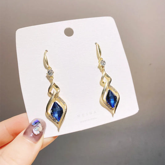 Gold Plated Korean Style Trendy Korean Long Blue Stone Decor Drop Earrings Cubic Zirconia Alloy Earring Set, Drops &amp; Danglers - Pair Of 1 Destiny Jewels