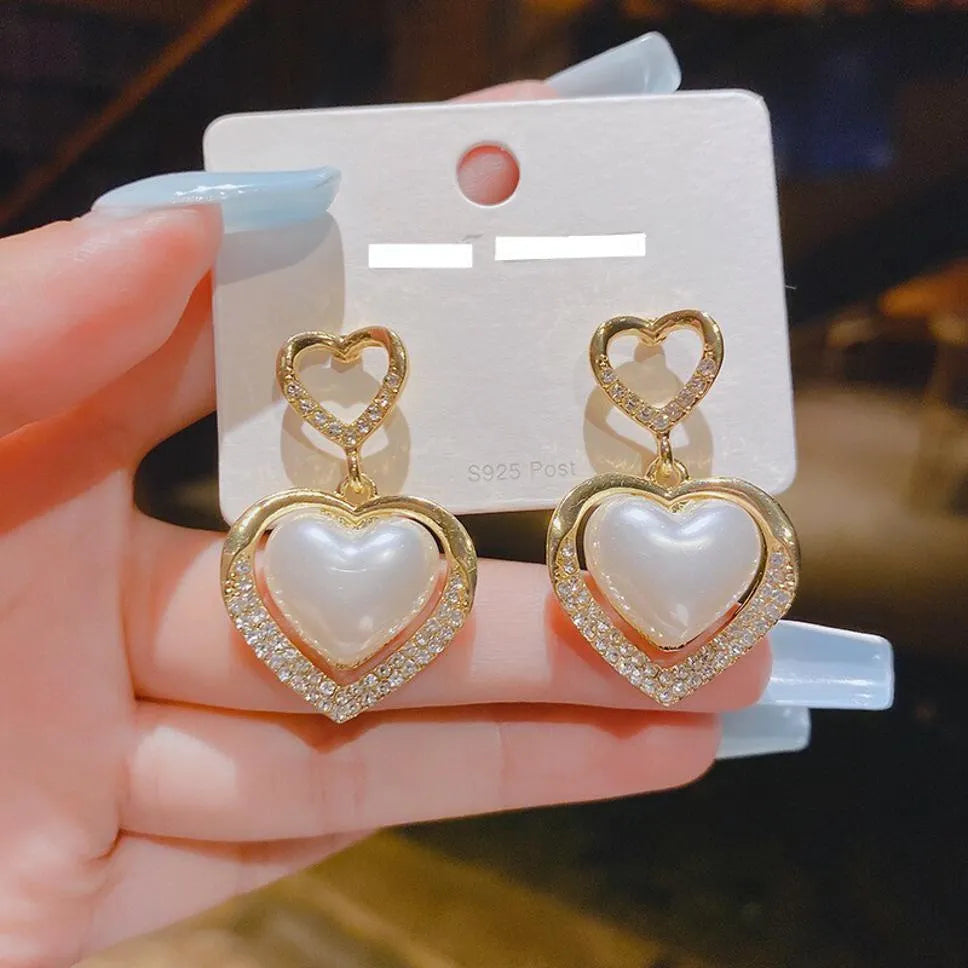 Gold Plated Korean Style Fashion Crystal Decor Heart Shape Earrings Cubic Zirconia Alloy Earring Set, Drops &amp; Danglers - Pair Of 1 Destiny Jewels