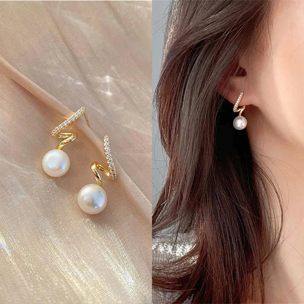 Gold Plated Korean Style Trendy Elegant Created Big Simulated Pearl Lomg Earring Cubic Zirconia Alloy Earring Set, Drops &amp; Danglers - Pair Of 1 Destiny Jewels