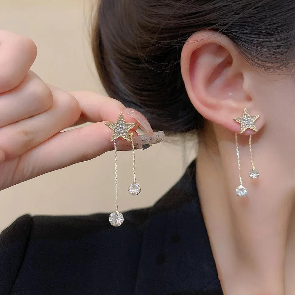 Gold Plated Korean Style Rhinestone Star Shap Drop Stone Decor Earrings Cubic Zirconia Alloy Earring Set, Drops &amp; Danglers - Pair Of 1 Destiny Jewels