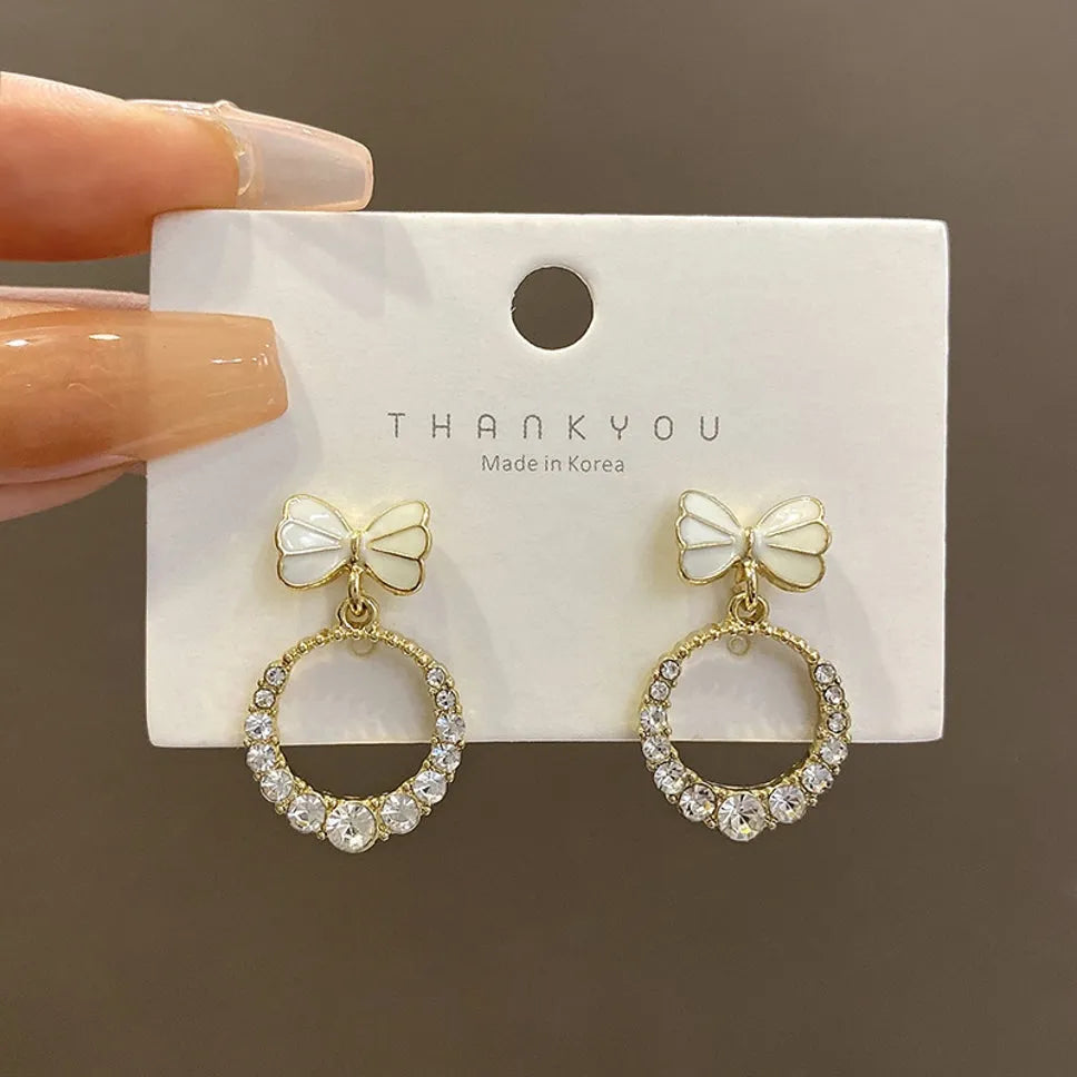 Korean Design Bow Decor Circle Drop Earrings For Women &amp; Girls Cubic Zirconia Alloy Drops &amp; Danglers - Pair Of 1 Destiny Jewels